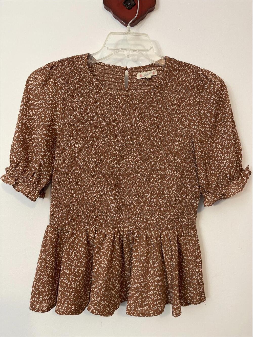 Magnolia Womens Medium Brown Floral Pleated Elastic-Waist Ruffled Blouse! A6846